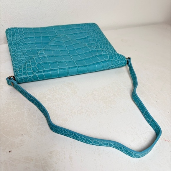 LAT for Bluefly Cerulean Croc Embossed Genuine Leather Convertible Clutch Purse - Picture 11 of 13